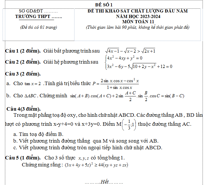 Đề khảo sát chất lượng đầu năm môn toán 11 năm 2023 - 2024