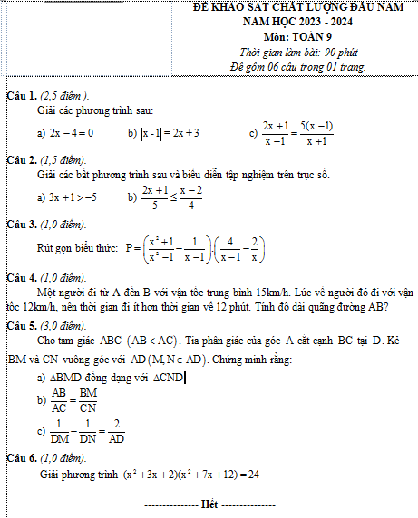 Đề khảo sát chất lượng đầu năm Toán 9 năm 2023 - 2024